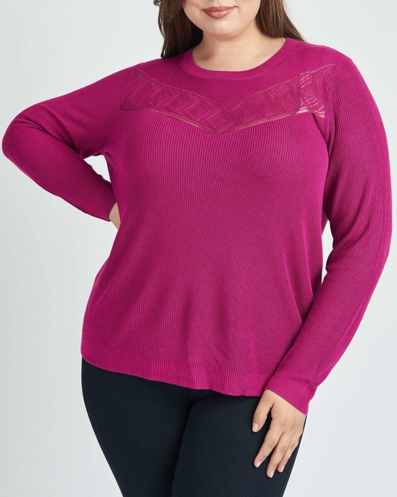 Front of a model wearing a size 2X Tenley Pullover Sweater with Crochet Yoke in FUCHSIA PINK by Daniel Rainn. | dia_product_style_image_id:297593